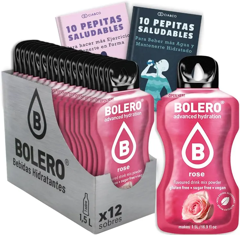Bebida Bolero sabor Rosa, Pack 12 sobres (12x9 grs). Bebida en polvo para una hidratación saludable con un delicado sabor floral, sin azúcar y con Vitamina C.