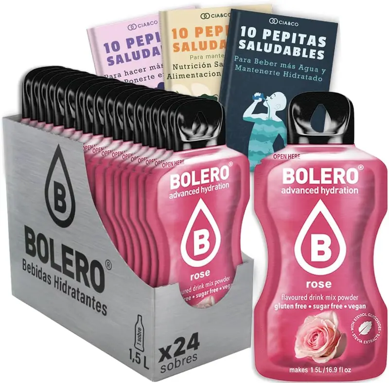 Bebida Bolero sabor Rosa, Pack 24 sobres (24x9g). Bebida en polvo sin azúcar con un delicado sabor floral, enriquecida con Vitamina C y Stevia.
