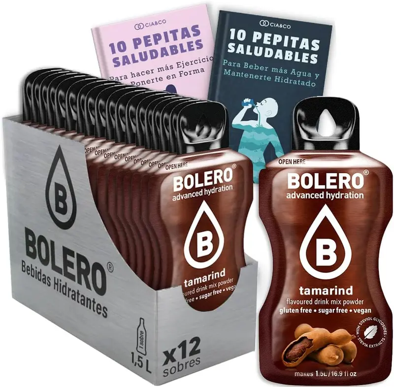 Bebida Bolero sabor Tamarindo, Pack 12 sobres (12x9 grs). Hidratación sin azúcar con el sabor exótico y agridulce del tamarindo, con Stevia y Vitamina C.