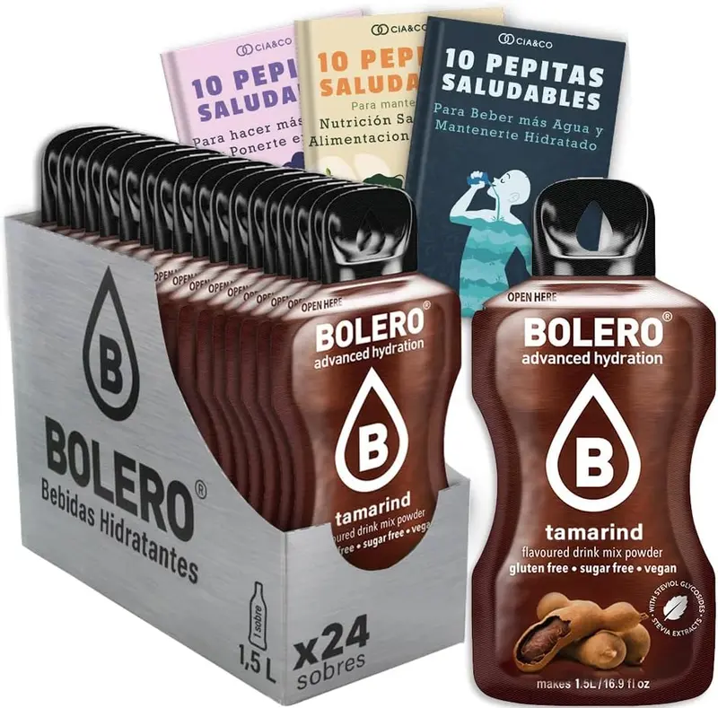 Bebida Bolero sabor Tamarindo, Pack 24 sobres (24x9g). Bebida en polvo sin azúcar con el sabor exótico y agridulce del tamarindo, con Vitamina C y Stevia.