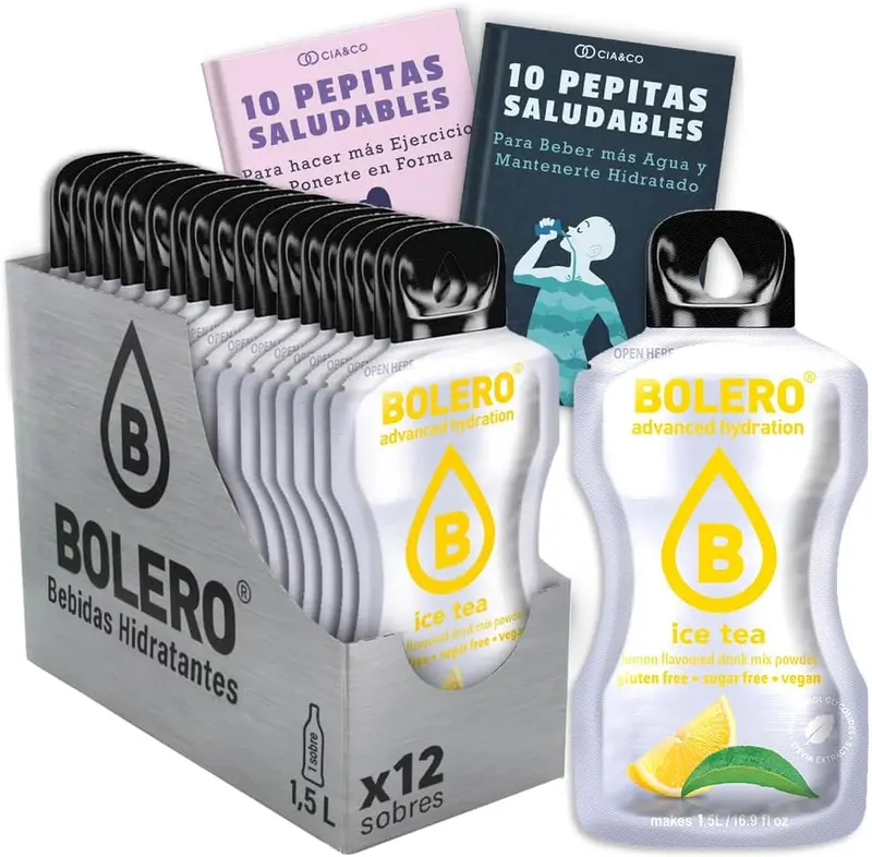 Bebida Bolero sabor Té Helado de Limón, Pack 12 sobres (12x9 grs). Hidratación sin azúcar con el sabor más refrescante, con Stevia y Vitamina C.