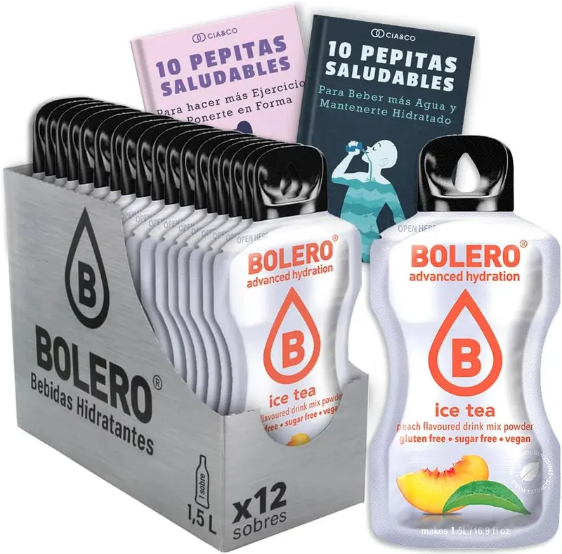 Bebida Bolero sabor Té Helado de Melocotón, Pack 12 sobres (12x9 grs). Hidratación sin azúcar con el sabor clásico del té de melocotón, con Stevia y Vitamina C.