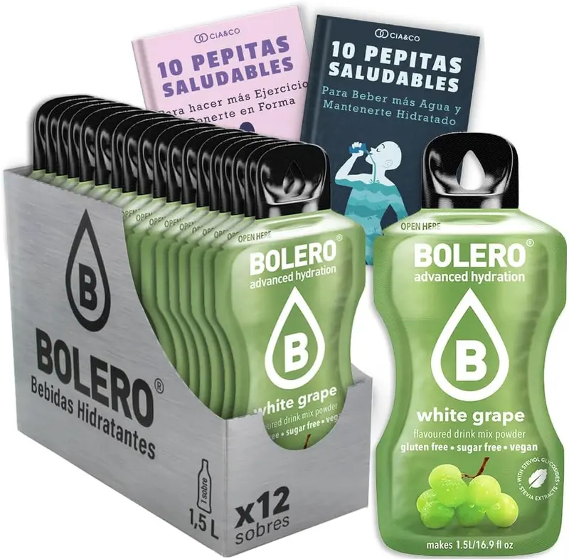 Bebida Bolero sabor Uva Blanca, Pack 12 sobres (12x9 grs). Bebida en polvo para una hidratación saludable con el dulce sabor del mosto, sin azúcar y con Vitamina C.