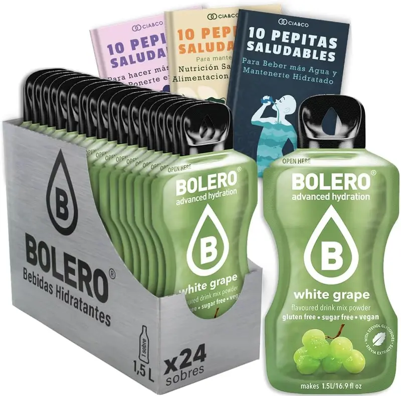 Bebida Bolero sabor Uva Blanca, Pack 24 sobres (24x9g). Bebida en polvo sin azúcar con el sabor dulce y afrutado de la uva blanca, rica en Vitamina C y Stevia.
