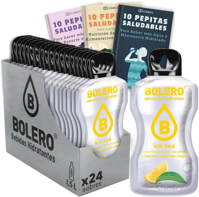 Bebida Bolero Té Helado de Limón, Pack 24 sobres (24x9g). Bebida instantánea sin azúcar para una hidratación refrescante, con Vitamina C y Stevia.