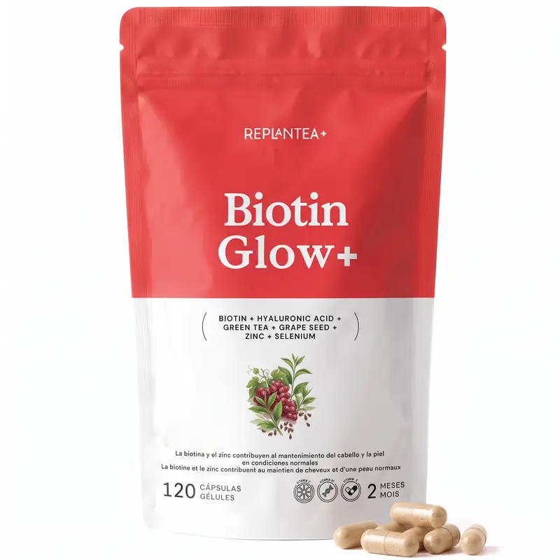 Biotin Glow+ · Biotina, Té Verde, Vitamina C, Ácido Hialurónico, Zinc y Selenio · 120 cápsulas veganas
