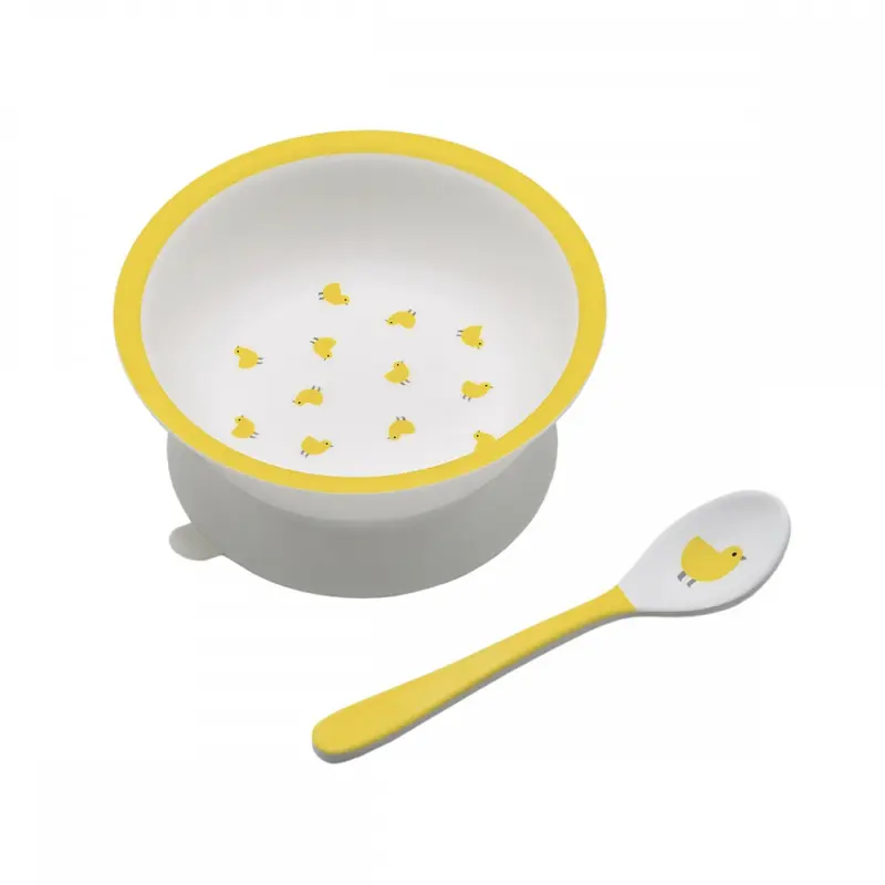 Bol con ventosa y cuchara diseño gallinas