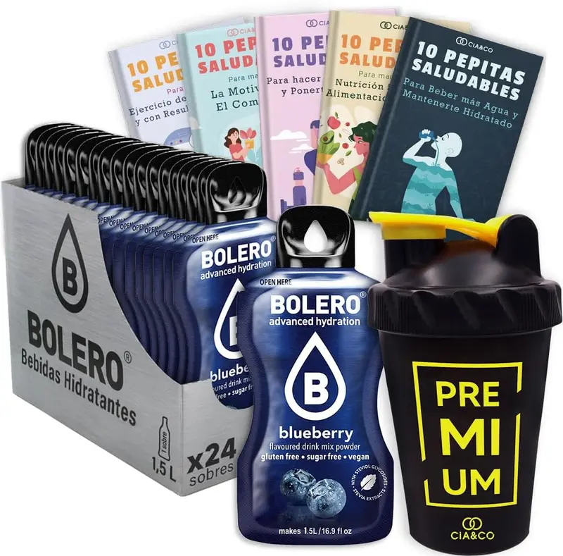Bolero Arándano Azul Sin Azúcar (24x9g) + Shaker Cia&Co (500ml). Pack completo de bebida hidratante con 50 Pepitas Saludables para un estilo de vida activo.