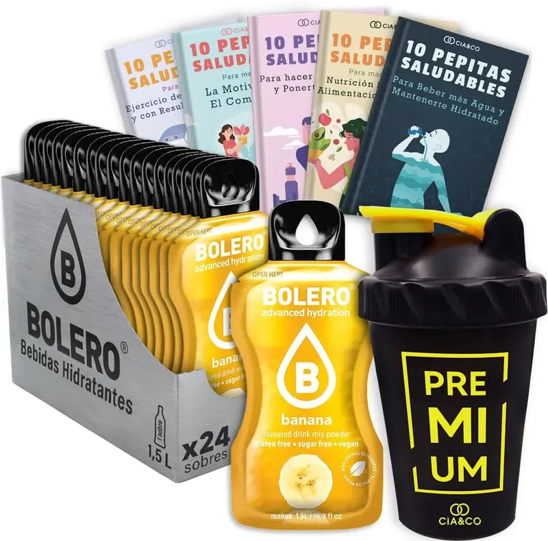 Bolero Banana Sin Azúcar (24x9g) + Shaker Cia&Co (500ml). Pack completo de bebida hidratante con 50 Pepitas Saludables para un estilo de vida activo.