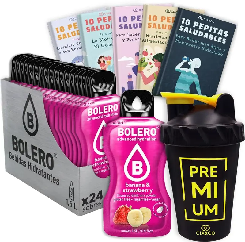Bolero Banana y Fresa Sin Azúcar (24x9g) + Shaker Cia&Co (500ml). Pack completo de bebida hidratante con 50 Pepitas Saludables para un estilo de vida activo.