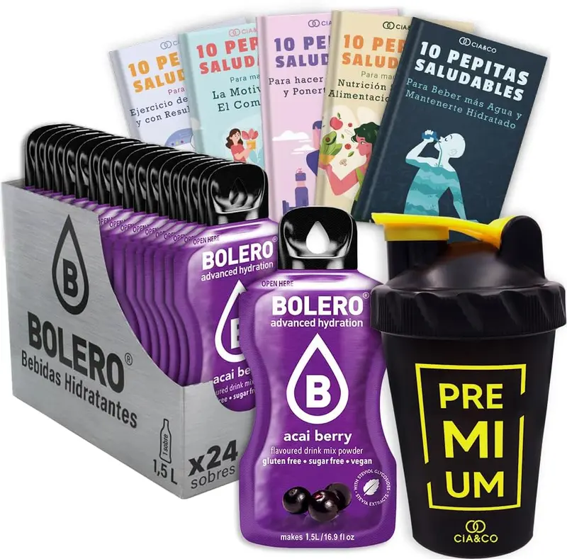 Bolero Bayas de Acai Sin Azúcar (24x9g) + Shaker Cia&Co (500ml). Pack completo de bebida hidratante con 50 Pepitas Saludables para un estilo de vida activo.