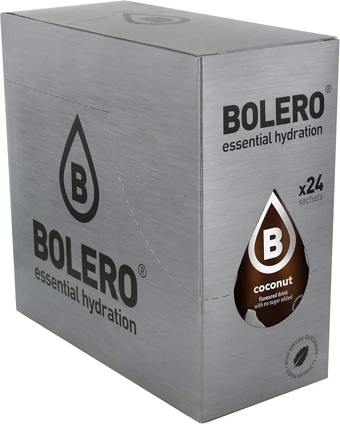 Bolero Bebida en Polvo Sabor Coco, Caja de 24x9g. Preparado instantáneo para bebida fría, hipocalórico, sin azúcar, con Stevia y perfecto para deportistas.