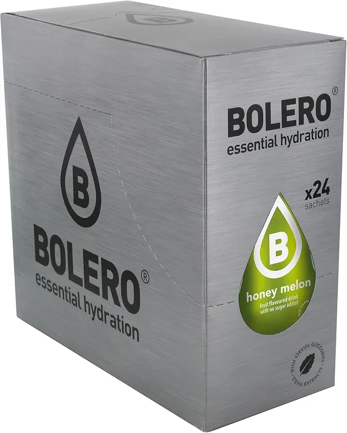 Bolero Bebida en Polvo Sabor Melón con Miel, Caja de 24x9g. Preparado hipocalórico para bebida fría, sin azúcar, con Stevia y enriquecido con Vitamina C.