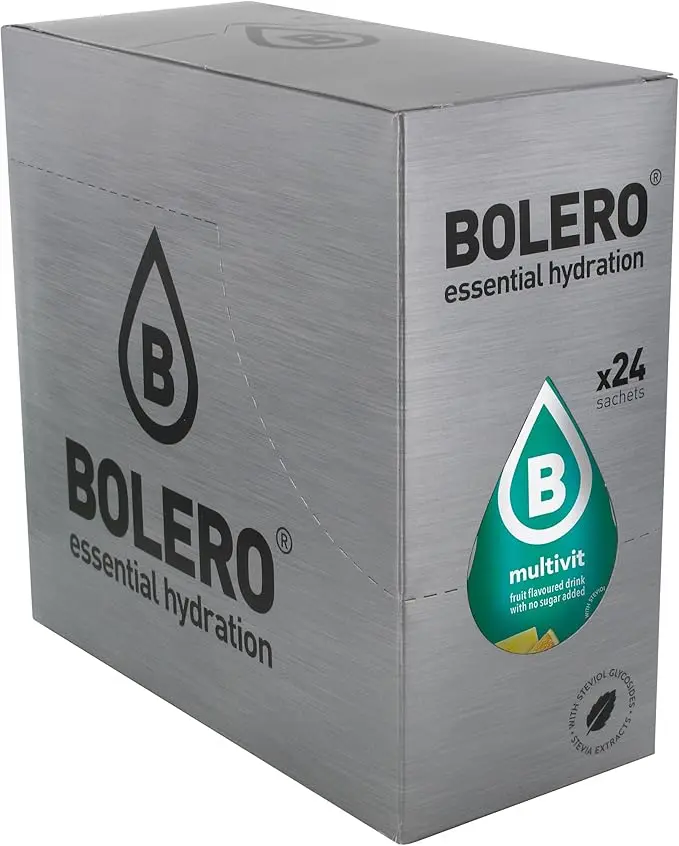 Bolero Bebida en Polvo Sabor Multivitaminas, Caja de 24x9g. Preparado hipocalórico sin azúcar, con Stevia y Vitaminas A, C y E para un refresco funcional.