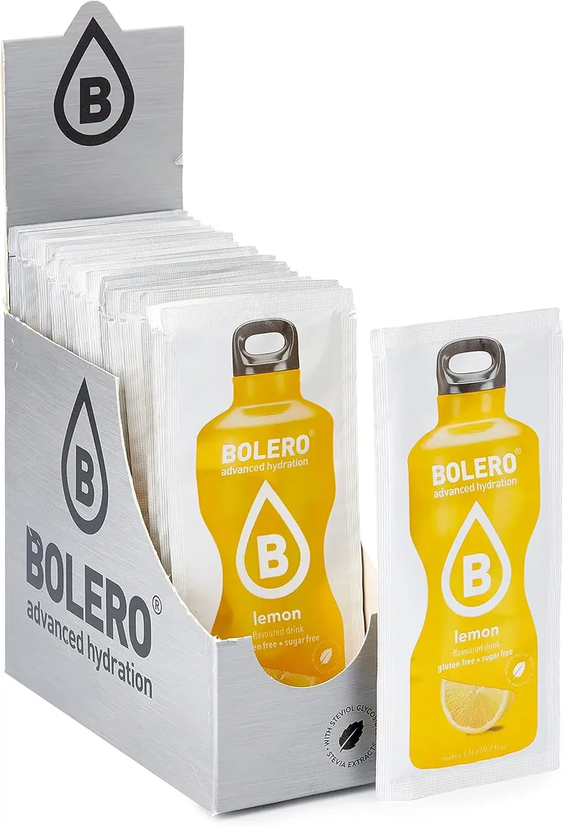 Bolero Bebida Instantánea en Polvo Sabor Limón, Caja de 24x9g. Un refresco bajo en calorías y sin azúcar con Stevia, ideal para la hidratación diaria o durante el deporte.