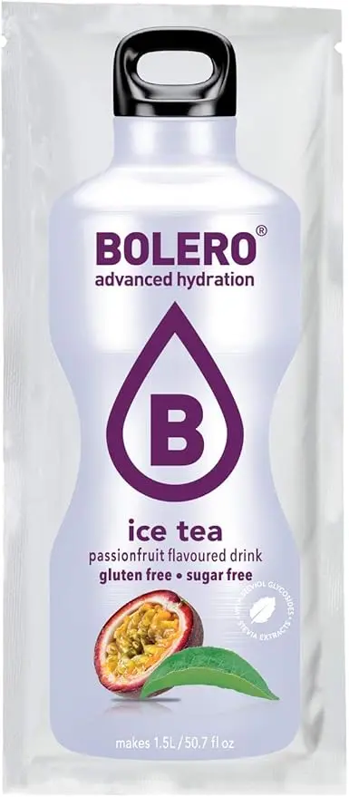 Bolero Bebida Instantánea en polvo sin azúcar sabor Té con Maracuyá, un pack de 12 sobres de 9g. Refresco saludable con Vitamina C, bajo en calorías y endulzado con Stevia.