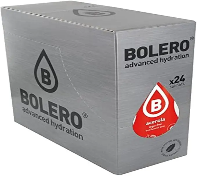 Bolero Bebida Instantánea Sabor Acerola, Caja de 24x9g. Un refresco en polvo sin azúcar, bajo en calorías y con Stevia para una hidratación óptima y llena de sabor.