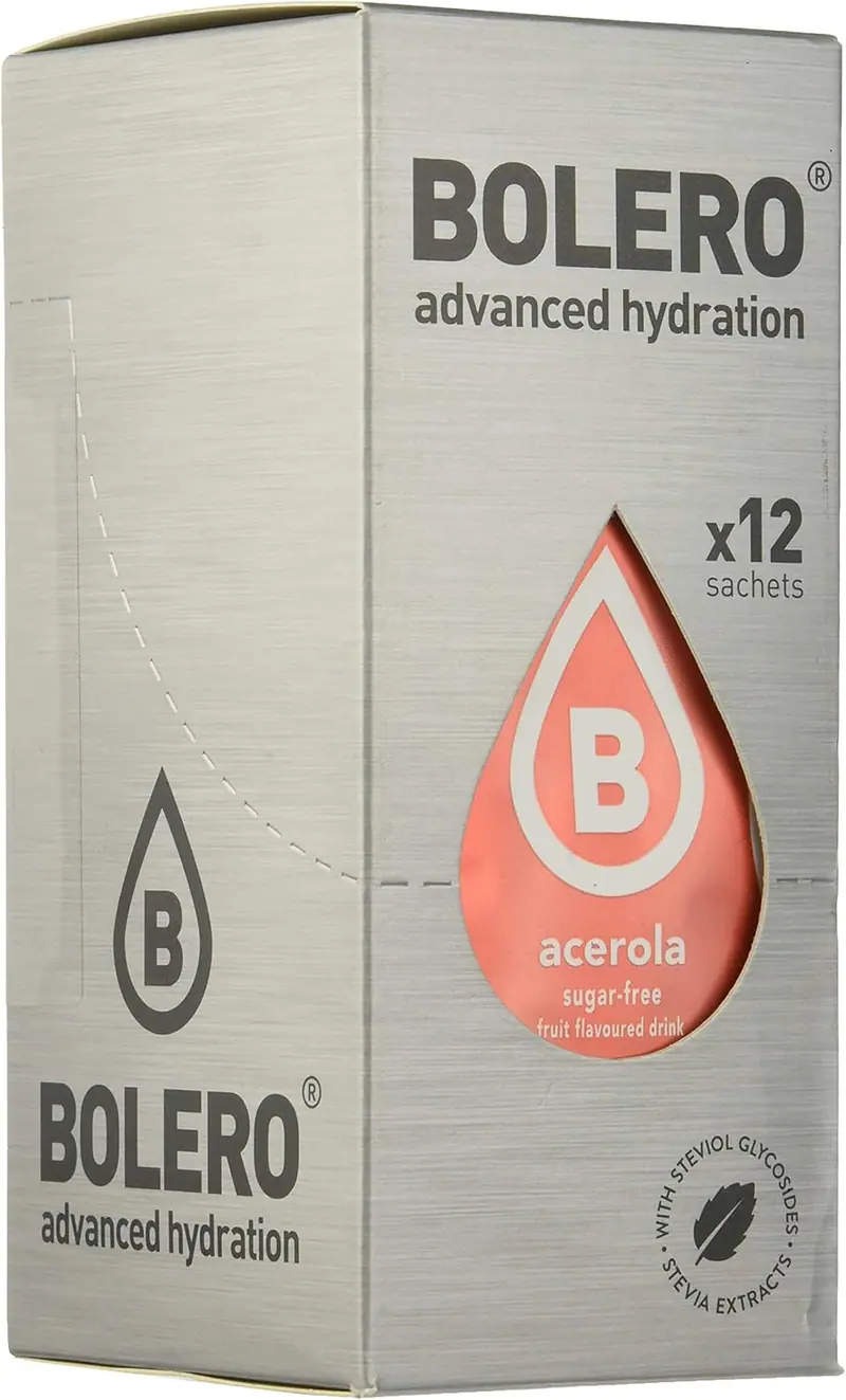 Bolero Bebida Instantánea Sabor Acerola, Pack Ahorro de 12 sobres de 9g. Refresco en polvo sin azúcar, enriquecido con Vitamina C y perfecto para una hidratación saludable.