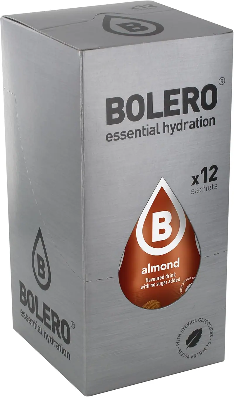 Bolero Bebida Instantánea Sabor Almendra, Pack de 12x9g. Preparado en polvo sin azúcar, con Stevia y Vitamina C, sin gluten ni lactosa para una hidratación gourmet y saludable.