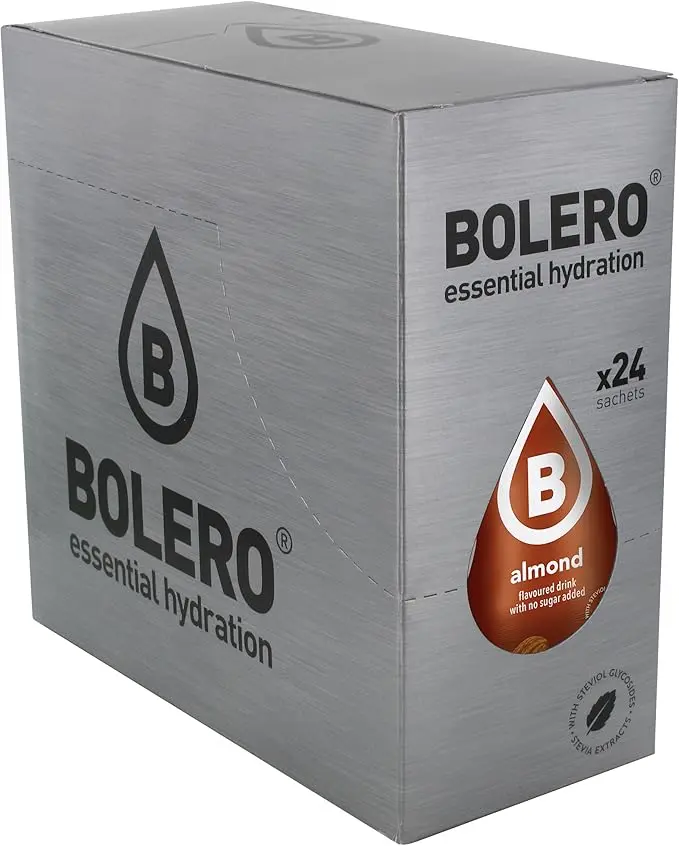 Bolero Bebida Instantánea Sabor Almendra, Pack de 24x9g. Un refresco en polvo bajo en calorías, sin azúcar y con Stevia para una hidratación óptima y llena de sabor.