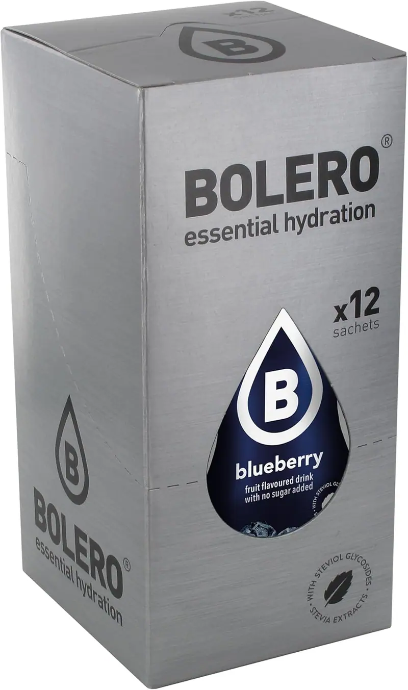 Bolero Bebida Instantánea Sabor Arándano, Pack de 12x9g. Un refresco en polvo bajo en calorías y sin azúcar con Stevia, ideal para la hidratación diaria o durante el deporte.