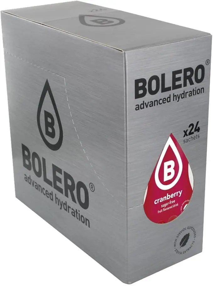Bolero Bebida Instantánea Sabor Arándano Rojo, Caja de 24x9g. Preparado en polvo sin azúcar con Stevia y Vitamina C para una hidratación saludable, baja en calorías y llena de sabor.