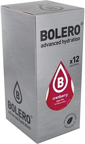 Bolero Bebida Instantánea Sabor Arándanos Rojos, Pack de 12x9g. Un refresco en polvo sin azúcar, bajo en calorías y con Stevia para una hidratación óptima y llena de sabor.