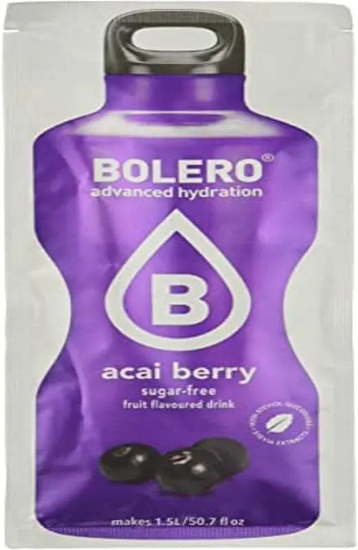 Bolero Bebida Instantánea Sabor Bayas de Açaí, Caja de 24x9g. Preparado en polvo sin azúcar con Stevia y Vitamina C, un refresco antioxidante para una hidratación saludable.