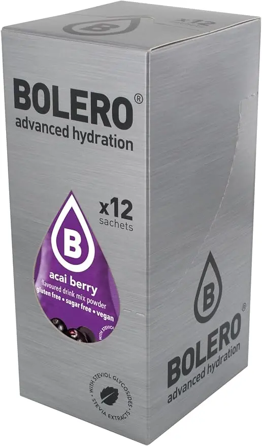 Bolero Bebida Instantánea Sabor Bayas de Açaí, Pack de 12x9g. Preparado en polvo sin azúcar con Stevia y Vitamina C, un refresco antioxidante para una hidratación saludable.
