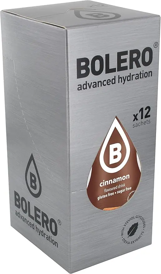 Bolero Bebida Instantánea Sabor Canela, Pack de 12x9g. Un refresco en polvo sin azúcar, bajo en calorías, vegano y sin aspartamo, endulzado con Stevia.