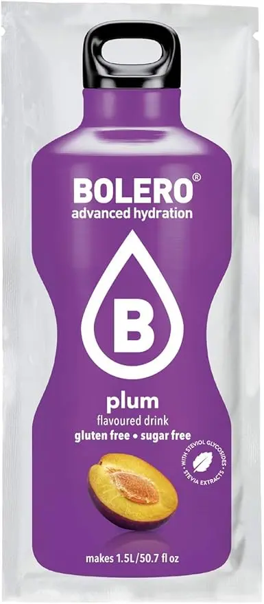 Bolero Bebida Instantánea Sabor Ciruela, Pack de 12x9g. Un refresco en polvo bajo en calorías y sin azúcar con Stevia, ideal para la hidratación diaria o deportiva.