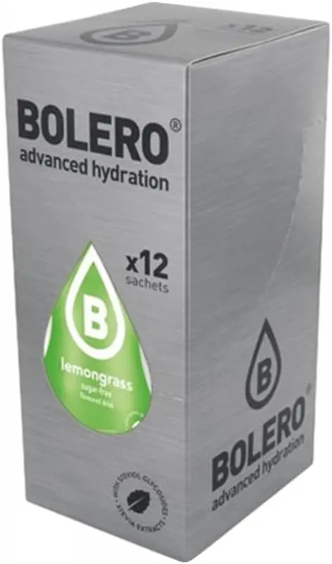 Bolero Bebida Instantánea Sabor Citronella, Pack de 12x9g. Un refresco en polvo bajo en calorías y sin azúcar con Stevia, ideal para la hidratación diaria o deportiva.