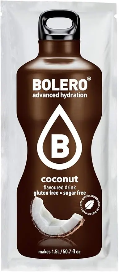 Bolero Bebida Instantánea Sabor Coco, sin azúcar y con Stevia. Pack de 12 sobres de 9g, enriquecido con Vitamina C y apto para celíacos y diabéticos.