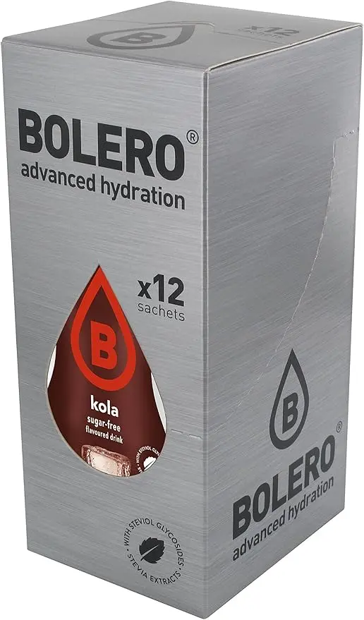 Bolero Bebida Instantánea Sabor Cola, Pack de 12 sobres de 9g. Refresco en polvo sin azúcar, endulzado con Stevia y bajo en calorías, ideal para dietas.