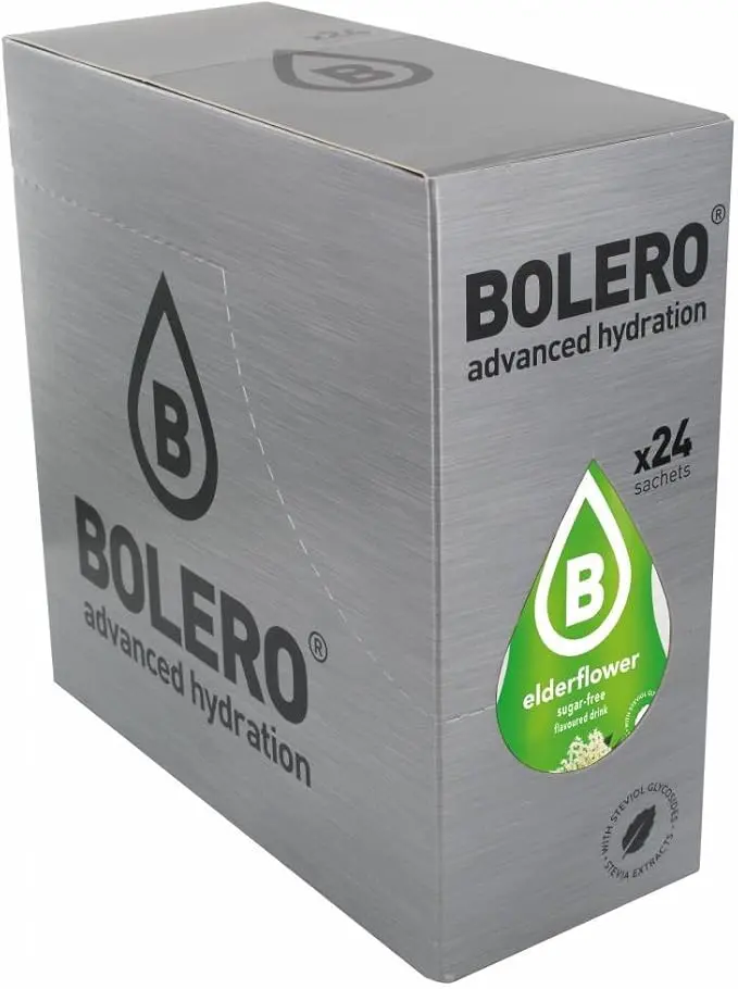Bolero Bebida Instantánea Sabor Flor de Saúco, Caja de 24x9g. Preparado en polvo sin azúcar con Stevia y Vitamina C para una hidratación saludable, baja en calorías y llena de sabor.