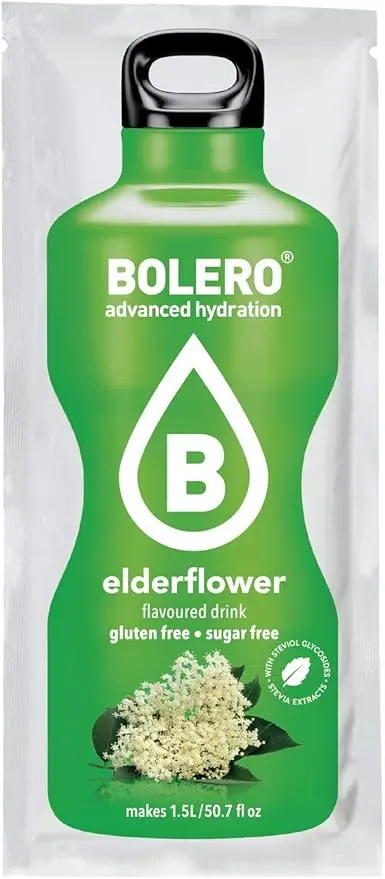 Bolero Bebida Instantánea Sabor Flor de Saúco, Pack de 12x9g. Un refresco en polvo sin azúcar, bajo en calorías y con Stevia para una hidratación óptima con un delicado toque floral.