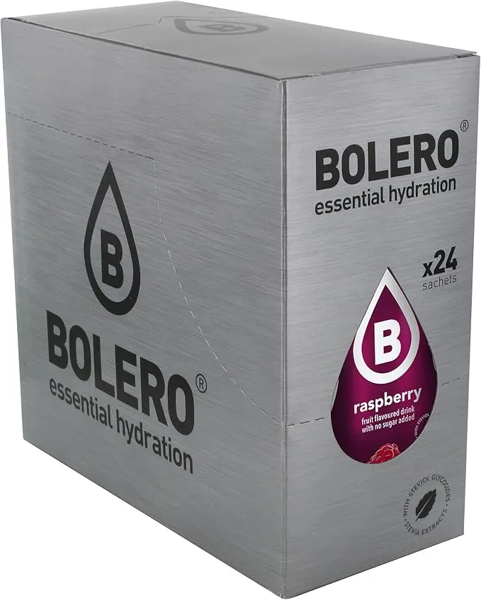 Bolero Bebida Instantánea Sabor Frambuesa, Caja de 24x9g. Preparado en polvo sin azúcar, con Stevia y Vitamina C para una hidratación saludable, baja en calorías y llena de sabor.