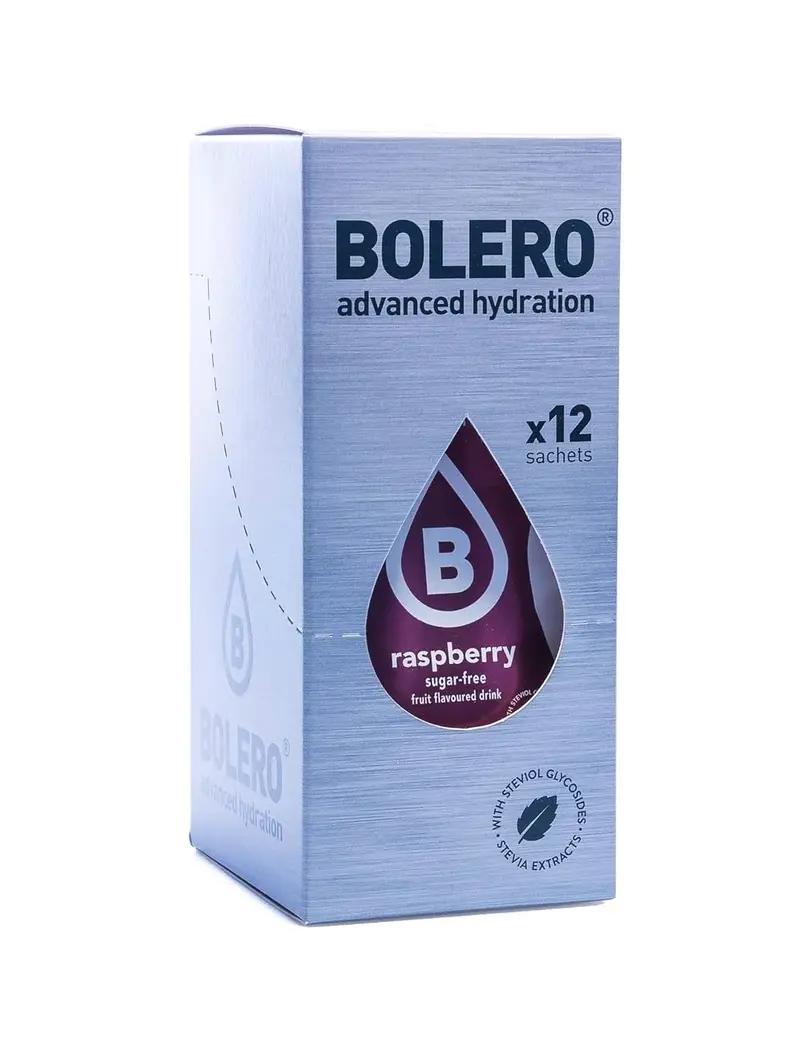Bolero Bebida Instantánea Sabor Frambuesa, Pack de 12x9g. Preparado en polvo sin azúcar con Stevia y Vitamina C para una hidratación saludable, baja en calorías y llena de sabor.