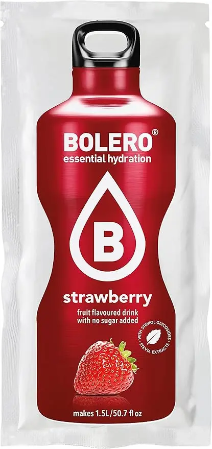 Bolero Bebida Instantánea Sabor Fresa, Pack de 12x9g. Un refresco en polvo sin azúcar, bajo en calorías y con Stevia para una hidratación óptima y llena de sabor.