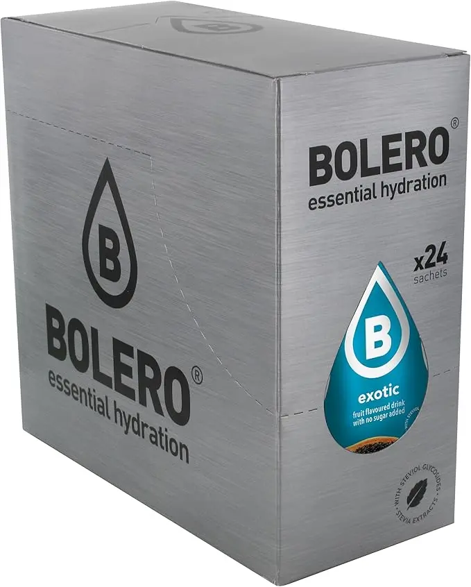 Bolero Bebida Instantánea Sabor Frutas Exóticas, Caja de 24x9g. Un refresco en polvo bajo en calorías, sin azúcar y con Stevia para una hidratación óptima y llena de sabor.