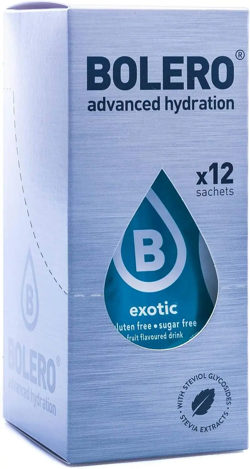 Bolero Bebida Instantánea Sabor Frutas Exóticas, Pack de 12x9g. Preparado en polvo sin azúcar, bajo en calorías y con Stevia para un refresco delicioso y saludable.