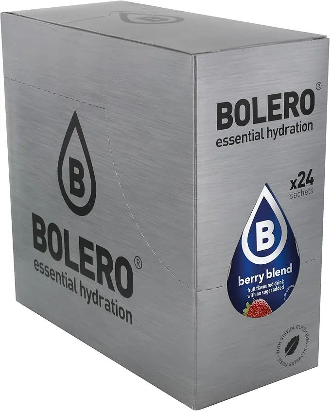 Bolero Bebida Instantánea Sabor Frutos del Bosque, Caja de 24x9g. Preparado en polvo sin azúcar con Stevia y Vitamina C para una hidratación saludable, baja en calorías y llena de sabor.