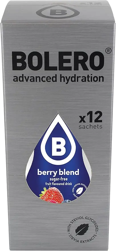 Bolero Bebida Instantánea Sabor Frutos del Bosque, Mega Pack de 48x9g. Un refresco en polvo sin azúcar, bajo en calorías, vegano y sin gluten, endulzado con Stevia.