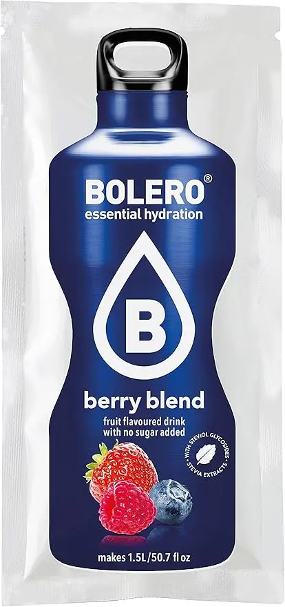 Bolero Bebida Instantánea Sabor Frutos del Bosque, Pack de 12x9g. Un refresco en polvo sin azúcar, vegano y sin gluten, endulzado con Stevia para una hidratación saludable.