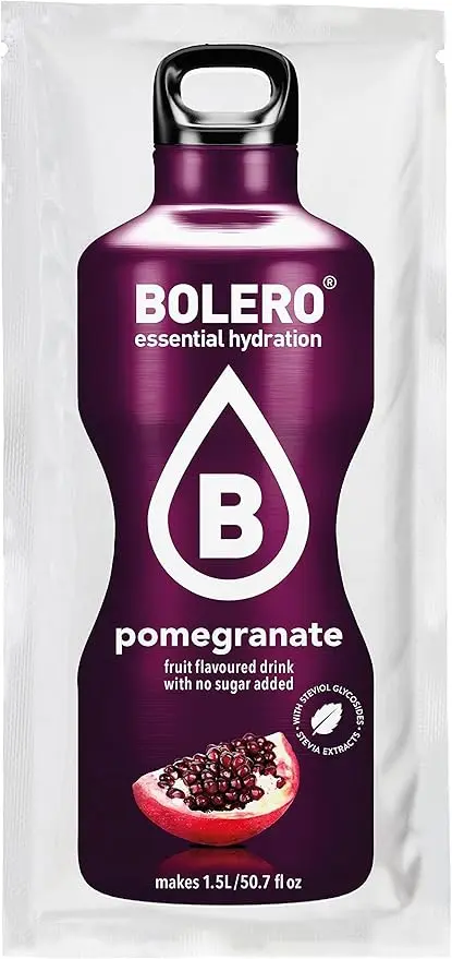 Bolero Bebida Instantánea Sabor Granada, Pack de 12x9g. Preparado en polvo sin azúcar con Stevia y Vitamina C para una hidratación saludable, baja en calorías y llena de sabor.