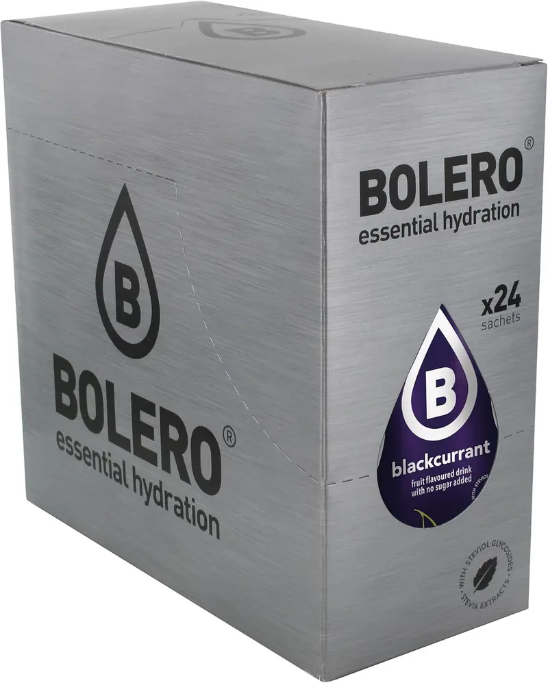Bolero Bebida Instantánea Sabor Grosella Negra, Caja de 24x9g. Preparado en polvo sin azúcar, con Stevia y Vitamina C para una hidratación saludable, baja en calorías y llena de sabor.