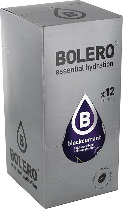 Bolero Bebida Instantánea Sabor Grosella, Pack de 12x9g. Un refresco en polvo sin azúcar, bajo en calorías y carbohidratos, con Stevia, Vitamina C y apto para dietas saludables.