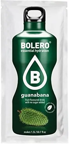 Bolero Bebida Instantánea Sabor Guanábana, Caja de 24x9g. Preparado en polvo sin azúcar con Stevia y Vitamina C para una hidratación saludable, baja en calorías y llena de sabor.