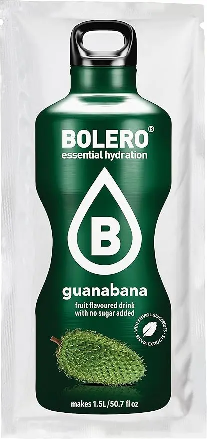 Bolero Bebida Instantánea Sabor Guanábana, Pack de 12x9g. Un refresco en polvo sin azúcar, bajo en calorías y con Stevia para una hidratación saludable y llena de sabor.