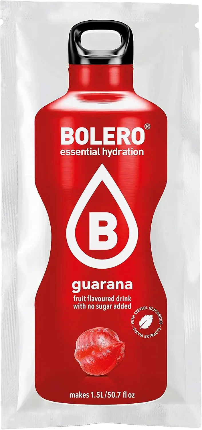 Bolero Bebida Instantánea Sabor Guaraná, Pack de 12x9g. Un refresco en polvo sin azúcar con Stevia y Vitamina C para una hidratación energética, saludable y baja en calorías.
